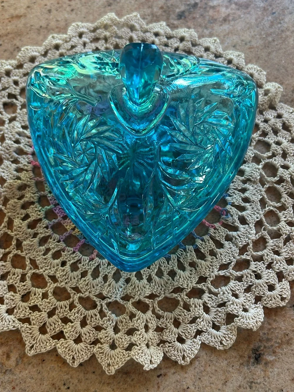 Hazel-Atlas “Capri Blue” Pinwheel Pressed Glass Triangle Covered Dish. MCM 1950